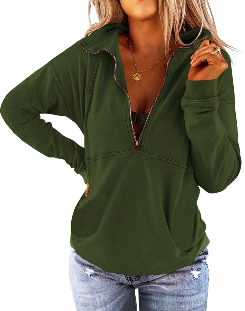 Floral Find Women's Long Sleeve Lapel Half Zip Up Sweatshirt Solid Stylish Loose Fit Casual Pullover Tops - Image 1